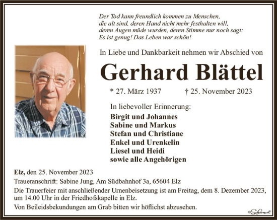 Traueranzeige von Gerhard Blättel von Nassauische Neue Presse