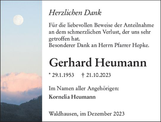 Traueranzeige von Gerhard Heumann von Weilburger Tageblatt