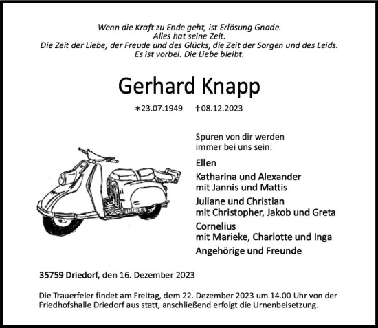Traueranzeige von Gerhard Knapp von Dill Block