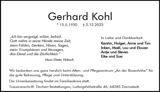 Traueranzeige von Gerhard Kohl von Darmstädter Echo