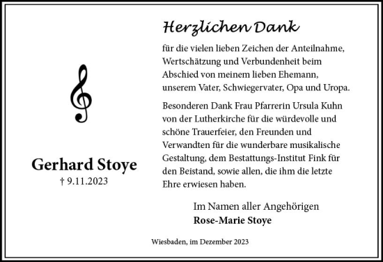Traueranzeige von Gerhard Stoye von Wiesbadener Kurier