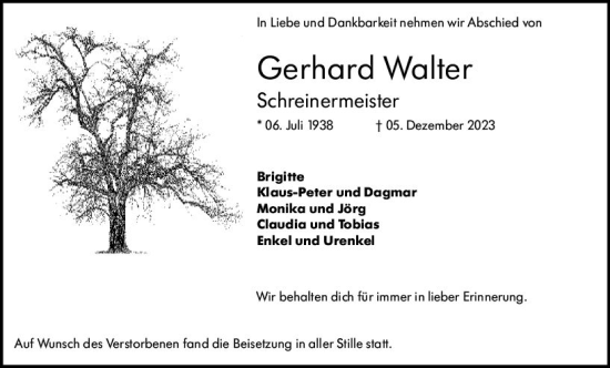 Traueranzeige von Gerhard Walter von Dill Block