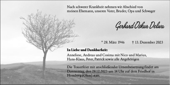 Traueranzeige von Gerhard Oskar Delwai von VRM Trauer