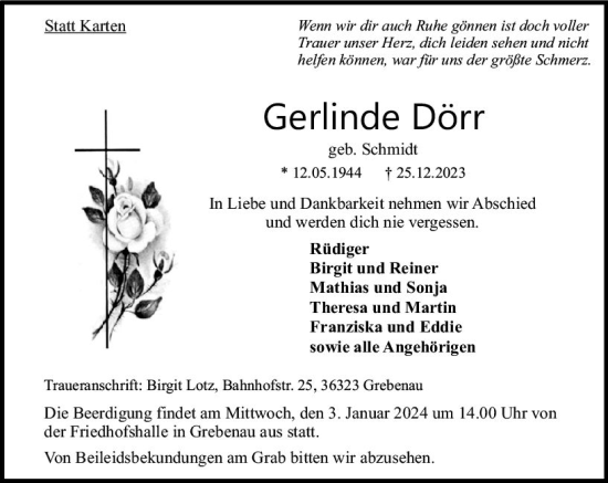 Traueranzeige von Gerlinde Dörr von VRM Trauer