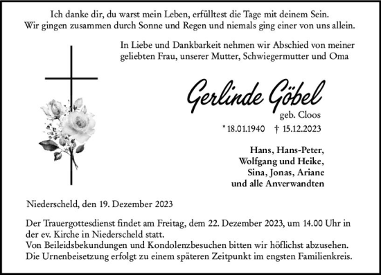 Traueranzeige von Gerlinde Göbel von Dill Block
