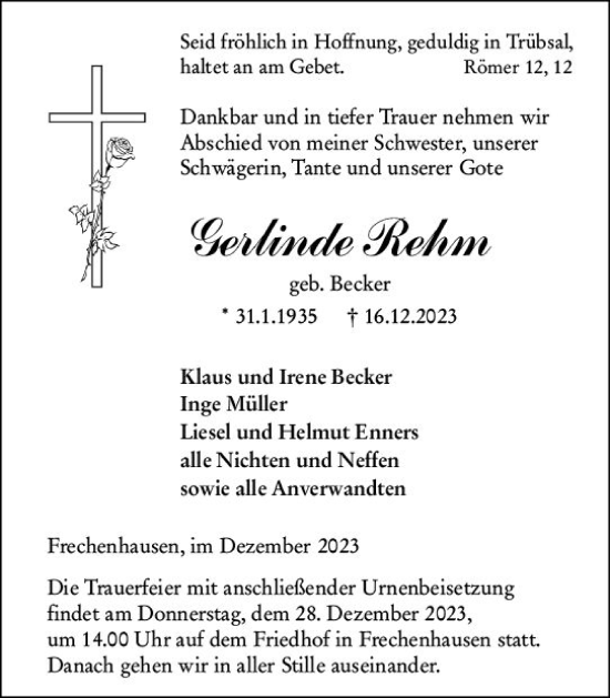 Traueranzeige von Gerlinde Rehm von Hinterländer Anzeiger
