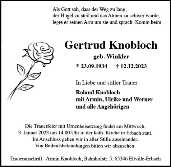 Traueranzeige von Gertrud Knobloch von Rheingau Kurier