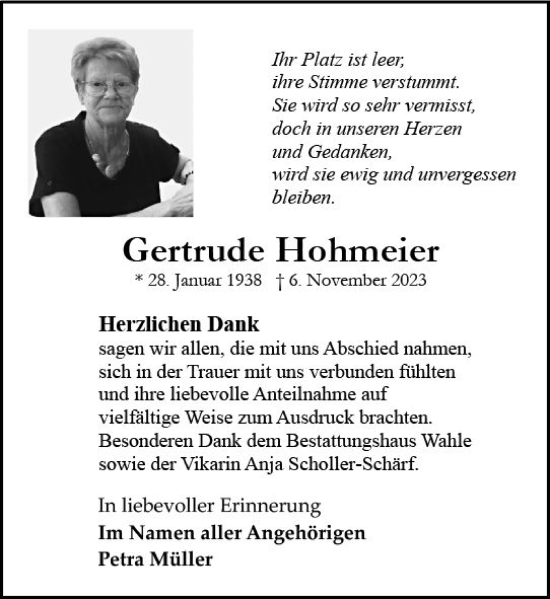 Traueranzeige von Gertrude Hohmeier von Allgemeine Zeitung Bingen/Ingelheim