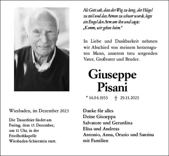 Traueranzeige von Giuseppe Pisani von Wiesbadener Kurier