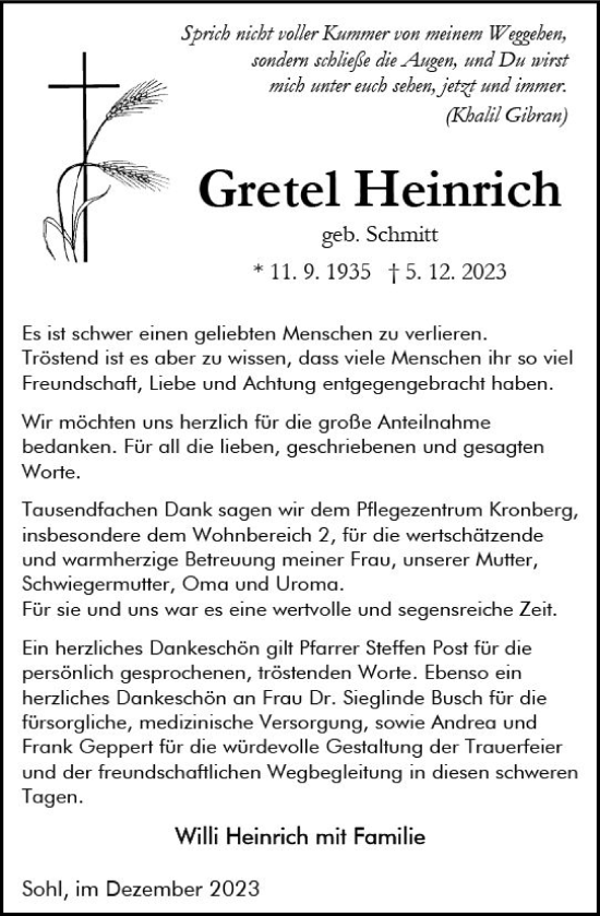 Traueranzeige von Gretel Heinrich von Dill Block