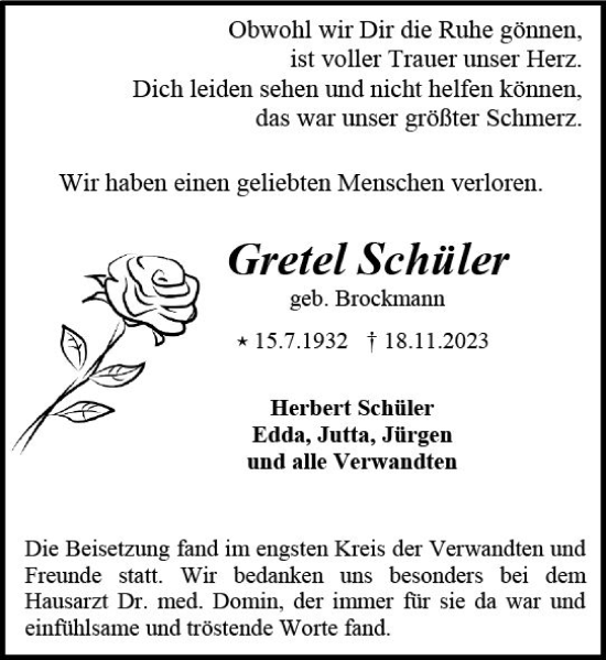 Traueranzeige von Gretel Schüler von Darmstädter Echo