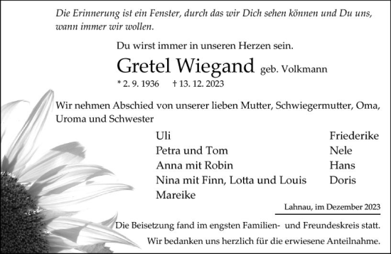 Traueranzeige von Gretel Wiegand von Wetzlarer Neue Zeitung