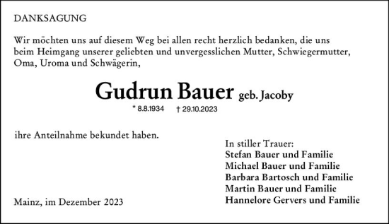 Traueranzeige von Gudrun Bauer von Allgemeine Zeitung Mainz