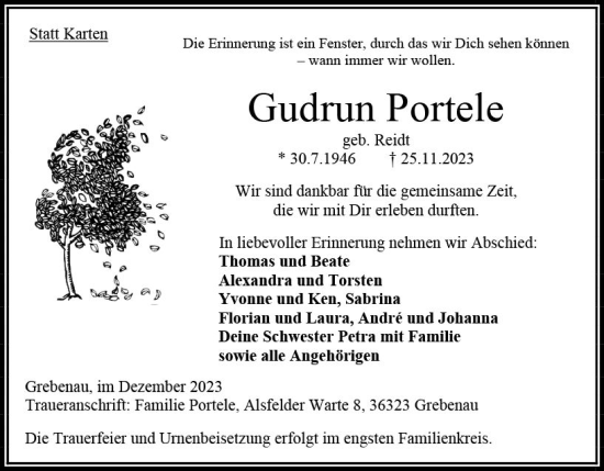 Traueranzeige von Gudrun Portele von Oberhessen Kurier