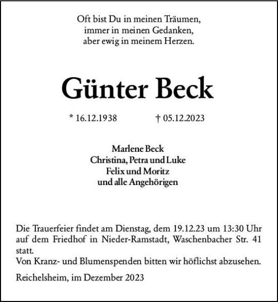 Traueranzeige von Günter Beck von Darmstädter Echo