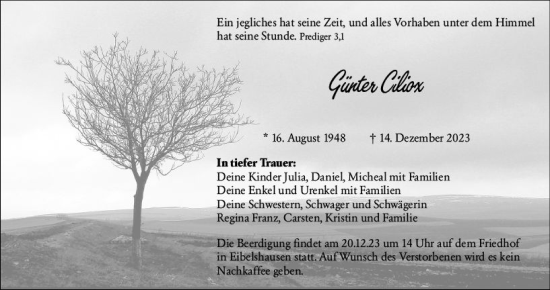 Traueranzeige von Günter Ciliox von Dill Block