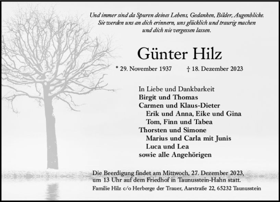 Traueranzeige von Günter Hilz von Wiesbadener Kurier