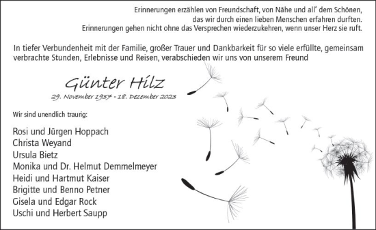 Traueranzeige von Günter Hilz von Wiesbadener Kurier