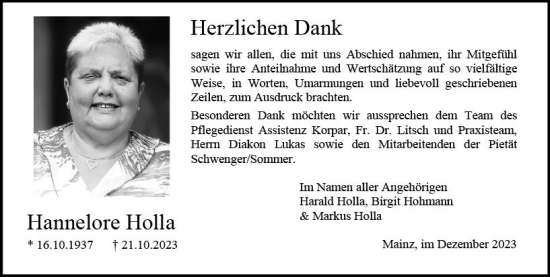 Traueranzeige von Hannelore Holla von Allgemeine Zeitung Mainz