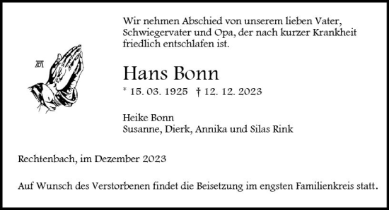 Traueranzeige von Hans Bonn von Wetzlarer Neue Zeitung