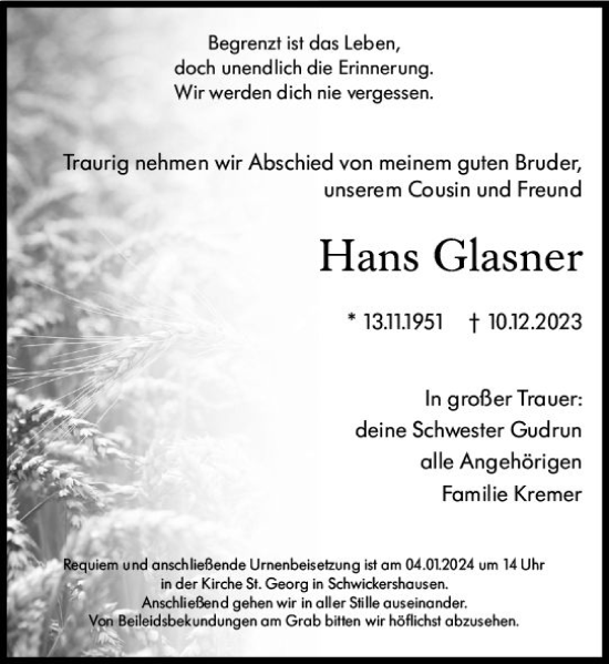 Traueranzeige von Hans Glasner von Camberger Anzeiger