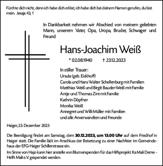 Traueranzeige von Hans-Joachim Weiß von Dill Block