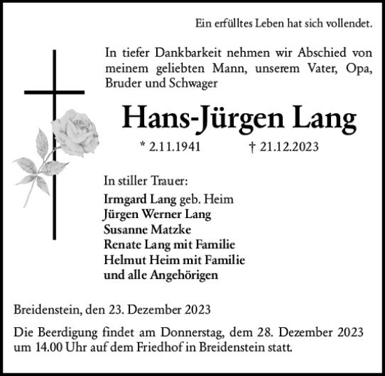Traueranzeige von Hans-Jürgen Lang von Hinterländer Anzeiger