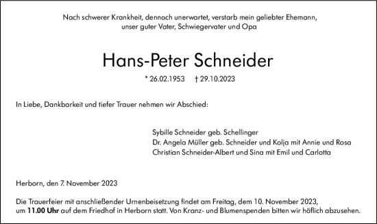 Traueranzeige von Hans-Peter Schneider von Dill Block