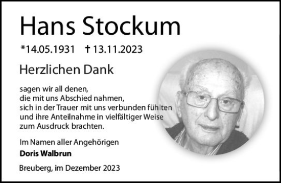 Traueranzeige von Hans Stockum von Odenwälder Echo
