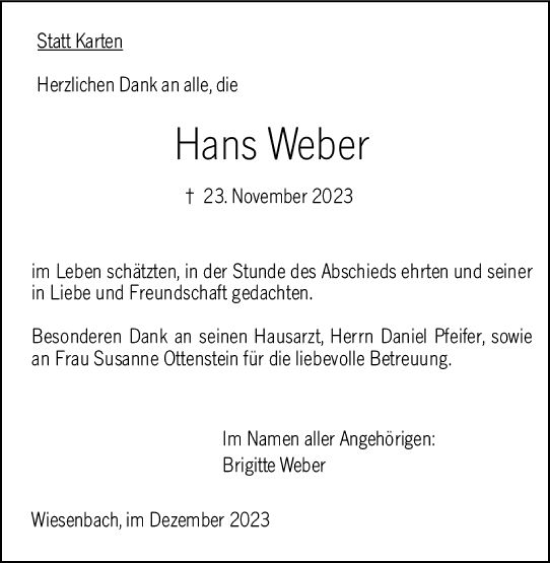 Traueranzeige von Hans Weber von Hinterländer Anzeiger