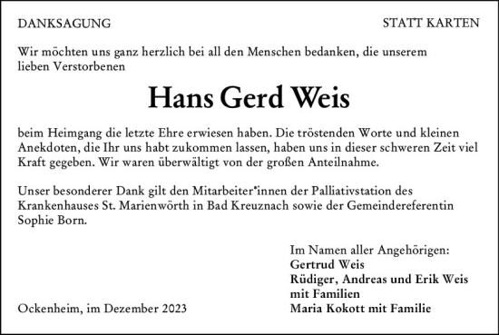 Traueranzeige von Hans Gerd Weis von Allgemeine Zeitung Bingen/Ingelheim