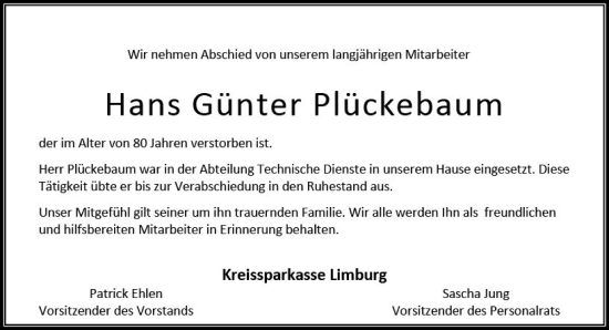 Traueranzeige von Hans Günter Plückebaum von Nassauische Neue Presse