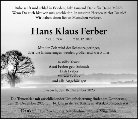 Traueranzeige von Hans Klaus Ferber von Wetzlarer Neue Zeitung