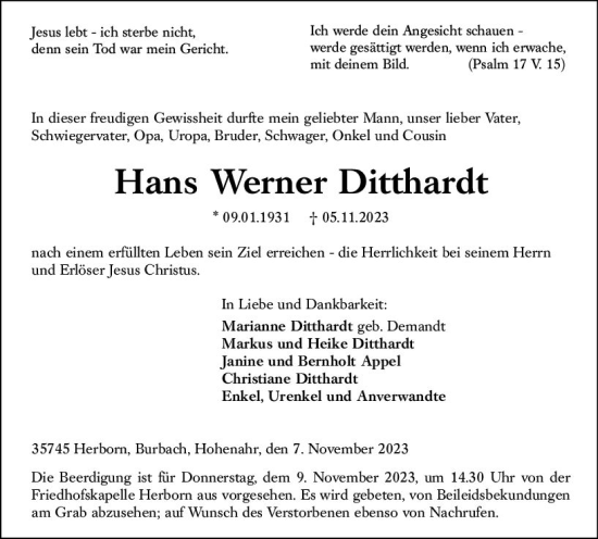 Traueranzeige von Hans Werner Ditthardt von Dill Block