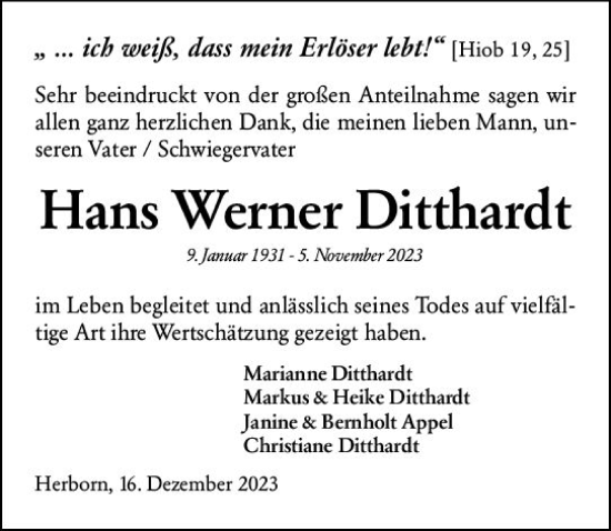 Traueranzeige von Hans Werner Ditthardt von Dill Block
