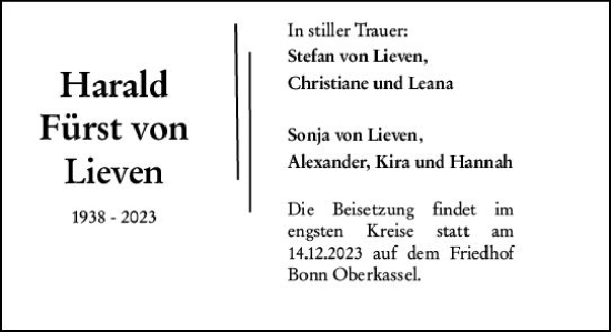 Traueranzeige von Harald Fürst von Lieven von Allgemeine Zeitung Mainz