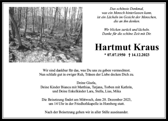 Traueranzeige von Hartmut Kraus von VRM Trauer