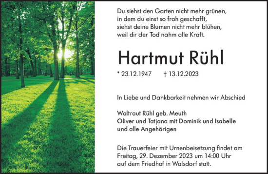 Traueranzeige von Hartmut Rühl von Camberger Anzeiger