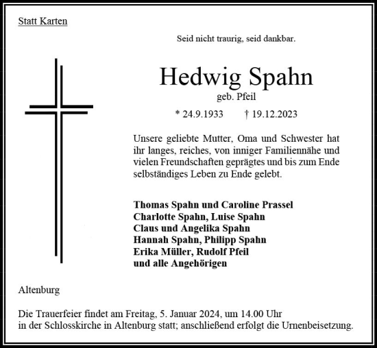 Traueranzeige von Hedwig Spahn von Oberhessen Kurier