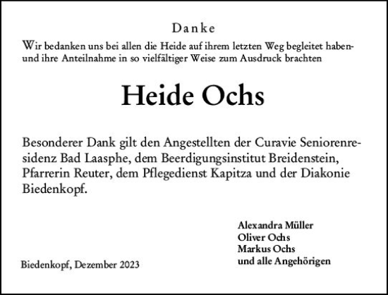 Traueranzeige von Heide Ochs von Hinterländer Anzeiger