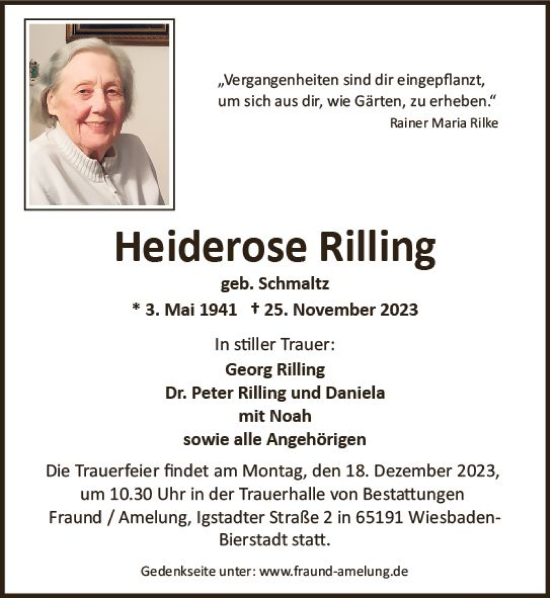 Traueranzeige von Heiderose Rilling von Wiesbadener Kurier