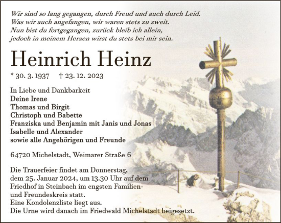 Traueranzeige von Heinrich Heinz von Odenwälder Echo