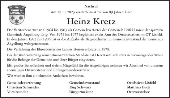 Traueranzeige von Heinz Kretz von Hinterländer Anzeiger