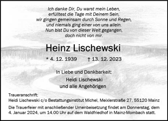 Traueranzeige von Heinz Lischewski von Allgemeine Zeitung Mainz