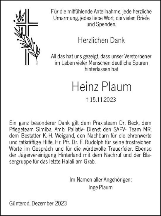 Traueranzeige von Heinz Plaum von Hinterländer Anzeiger