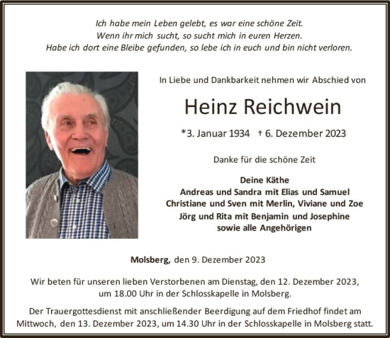 Traueranzeige von Heinz Reichwein von Nassauische Neue Presse