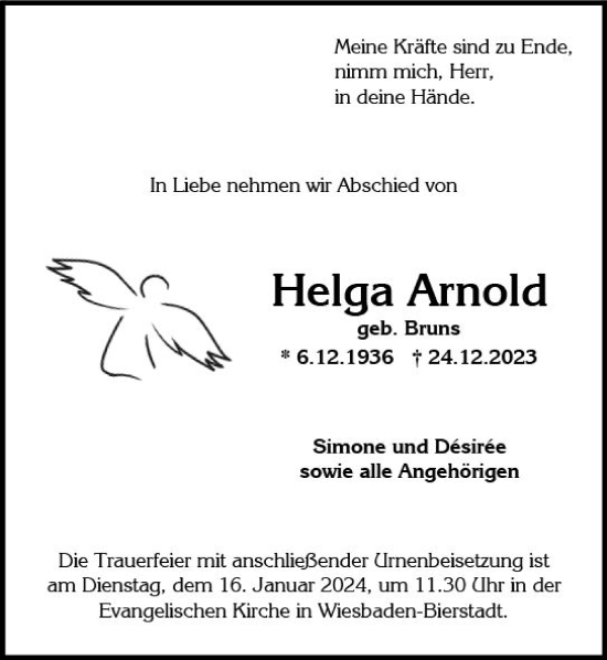 Traueranzeige von Helga Arnold von Wiesbadener Kurier