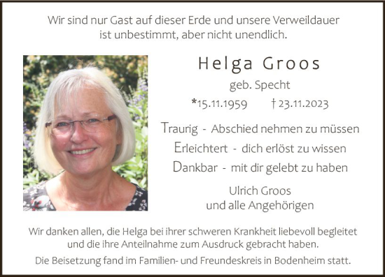Traueranzeige von Helga Groos von Allgemeine Zeitung Mainz