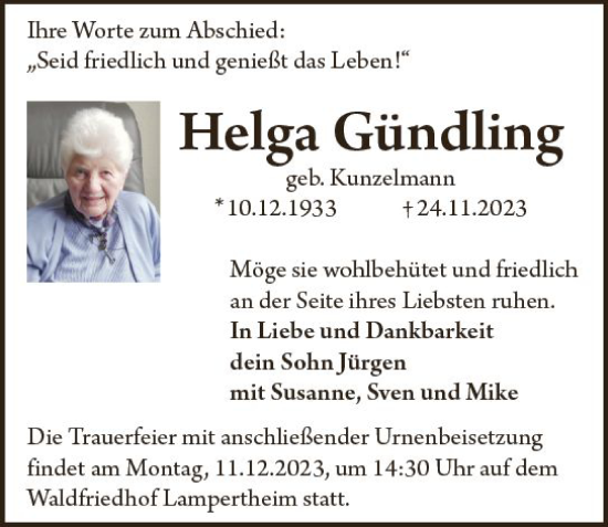 Traueranzeige von Helga Gündling von Starkenburger Echo