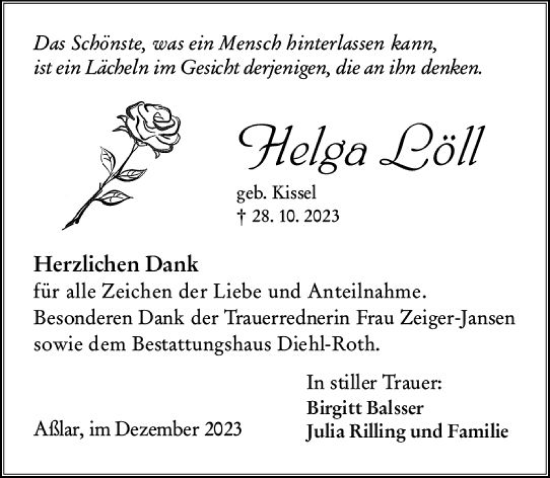 Traueranzeige von Helga Löll von Wetzlarer Neue Zeitung